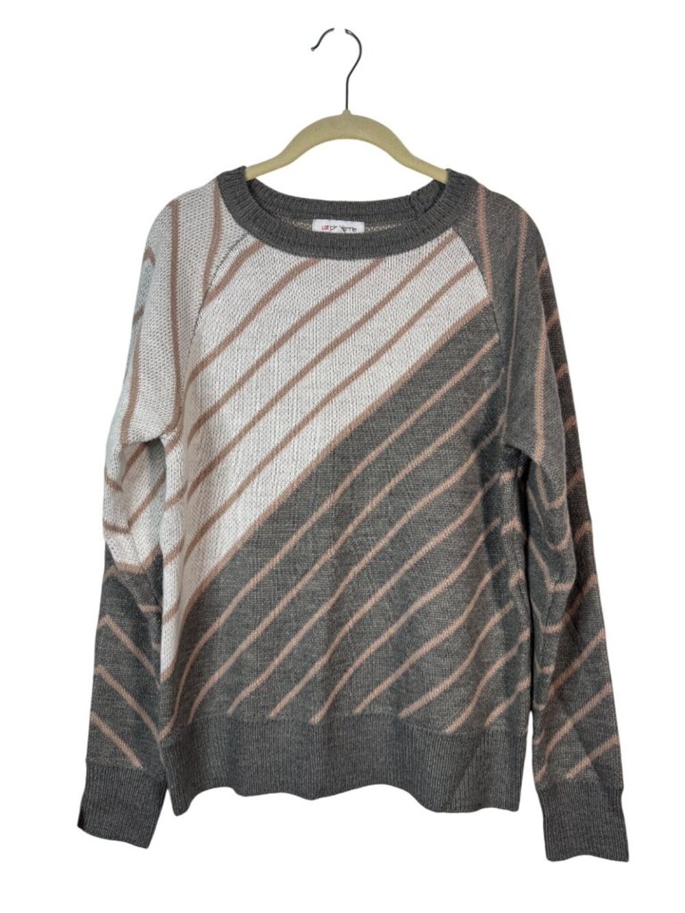 Liz Claiborne Small Striped Acrylic Sweater Womens Gray & Blush Crewneck